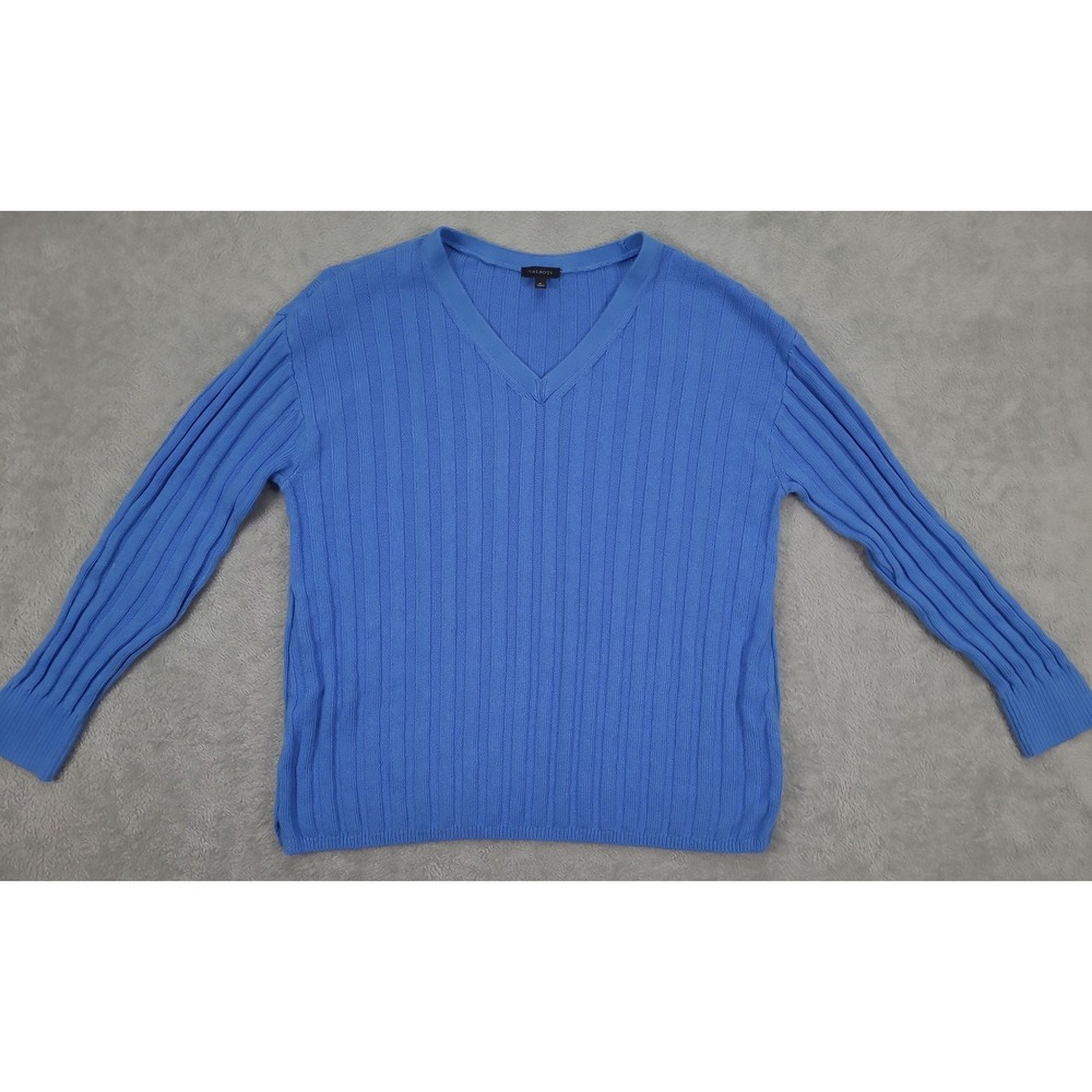 Talbots Womens XL Blue Cotton Linen Ribbed V-Neck Pullover Sweater‎ Nautical